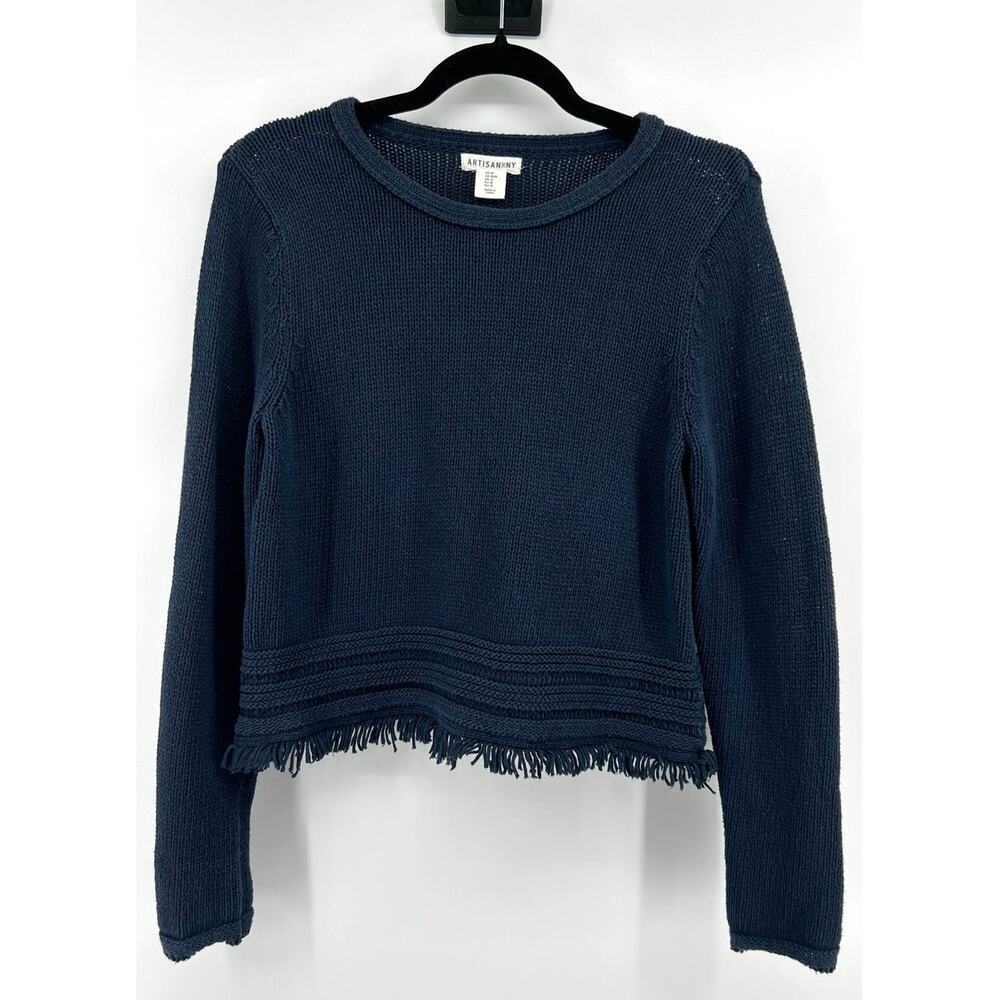 Women's Knit Sweater with Fringe Coastal Nautical Navy Size M